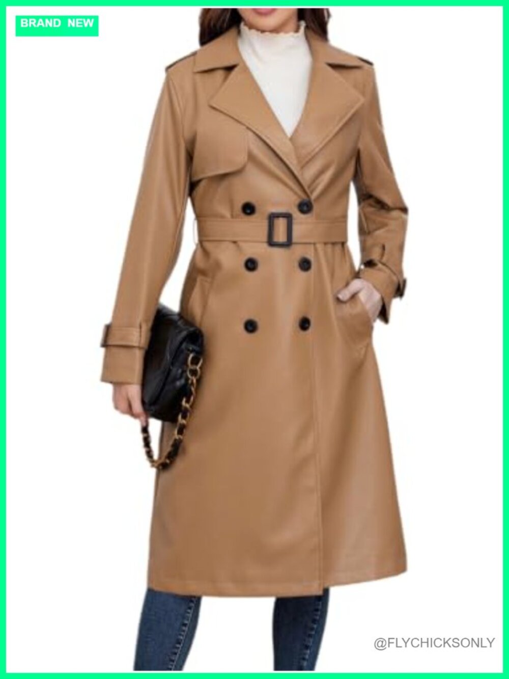Faux Leather Trench Coat Double Breasted Belted Long Jacket